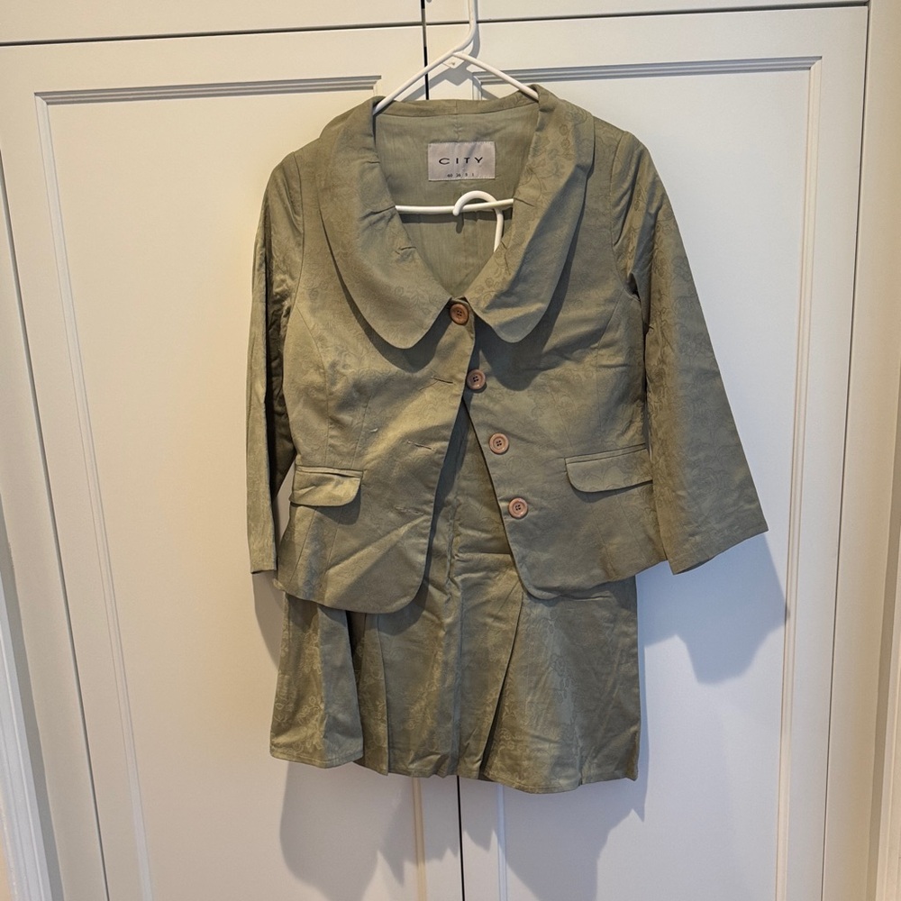 Vintage Olive Green Blazer and Skirt Suit Set